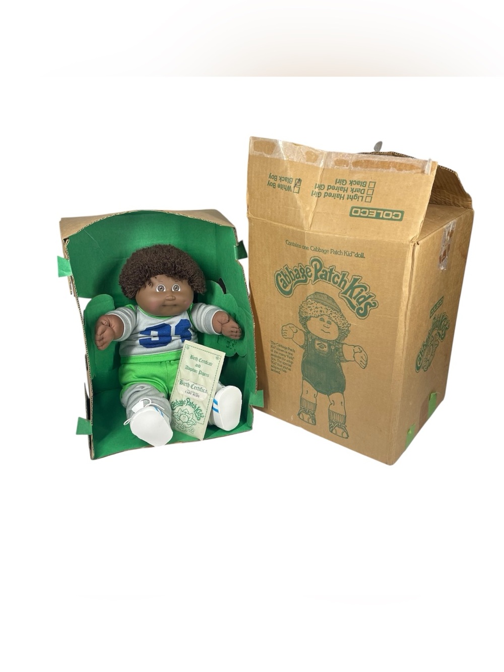 New Vintage Cabbage Patch 1983 AA Boy Doll Fuzzy Hair Sport Outfit Sealed Papers